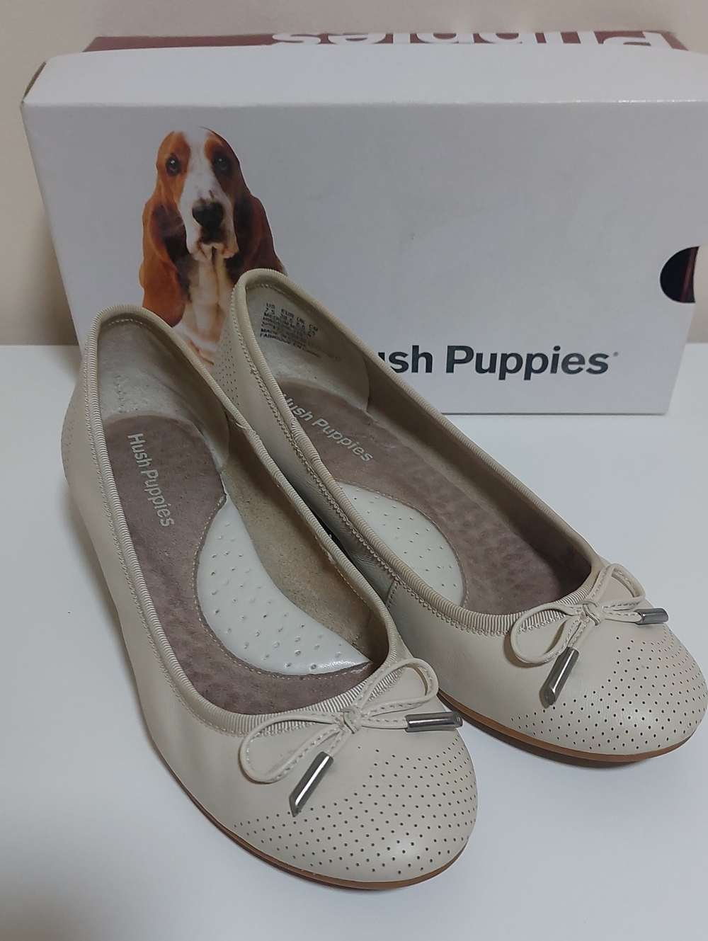 Hush Puppies Beige Perforated Bow Ballet Flats